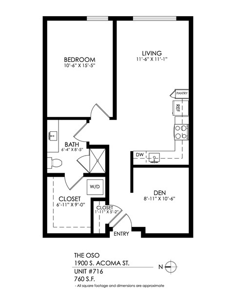 Floor plan for 1 bed, 1 bath, 808 sqft